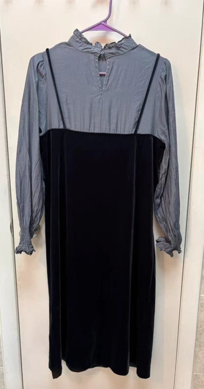 Vintage Style Faux Two Piece Velvet Layered Midi Dress Blue Black Long Sleeve XS